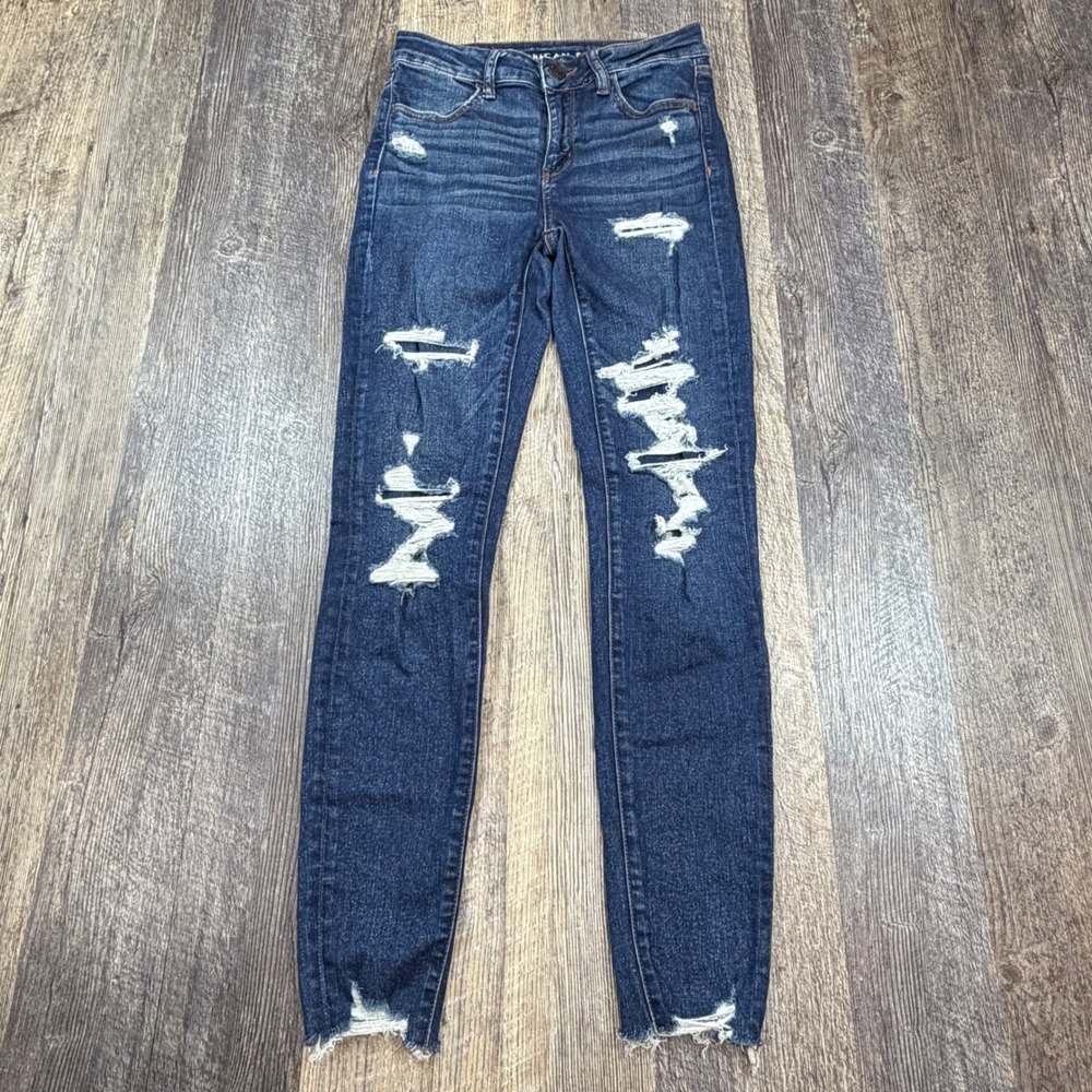American Eagle Hi-Rise Jegging Women 4 Dark Blue Distressed Raw Hem Ne(x)t Level
